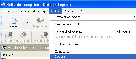 Fenetre outils et options sous outlook express