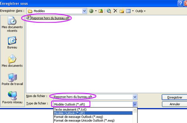 Enregistrer sous model outlook format .oft