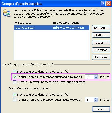 Outlook envoyer/recevoir ajuster la frequence de reponses automatiques