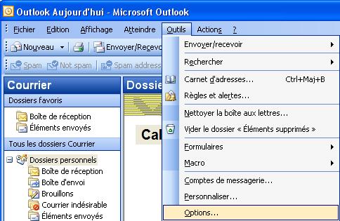 Ouvrir Outlook options outils