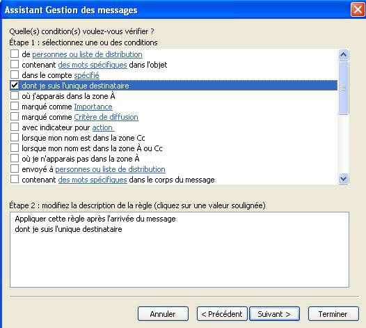 Assistant des messages selection des messages dont je suis l' unique destinataire