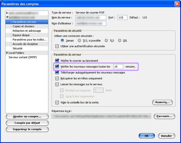 gestion paramatrage des comptes sur Thunderbird