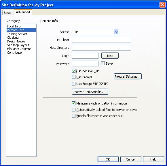 Dreamweaver FTP control window
