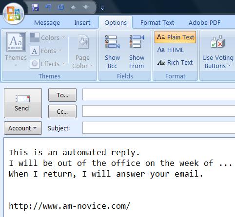 Plain texst out of office reply