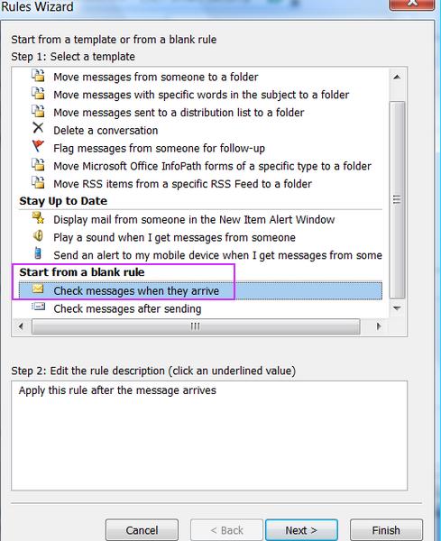 Outlook rules wizard window