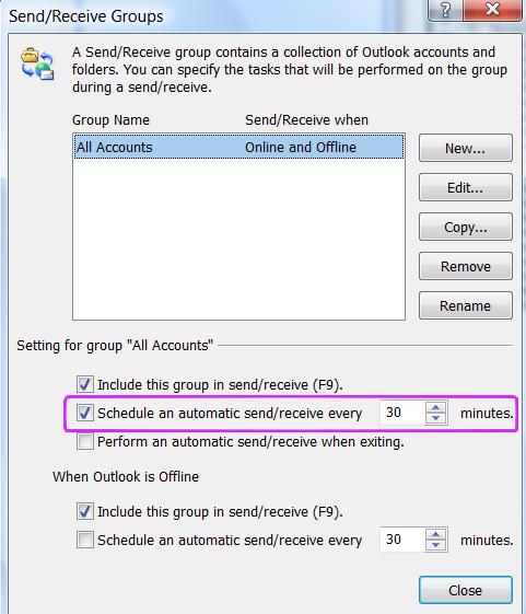 Outlook send/receive frequency setting