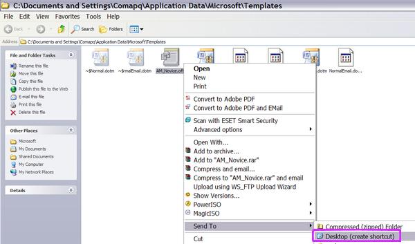 Outlook template folder shortcut