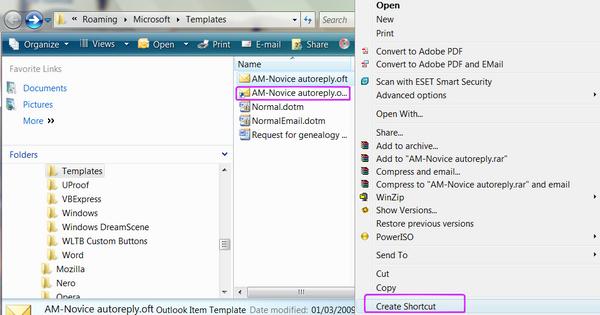 Outlook folder templates shortcut
