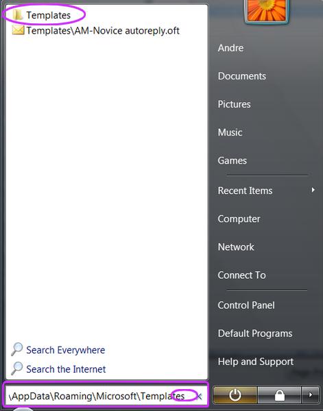 Locating the outlook template folder in windows vista