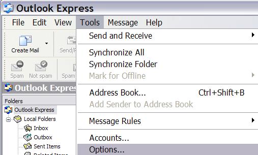 Outlook express options selection