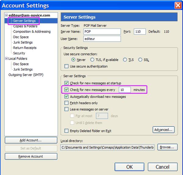 Thunderbird account settings page