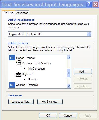 language input window with French and German